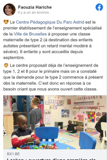 Le CP du Parc Astrid est le 1er école à proposer une classe de type 2 (enfants présentant un retard mental modéré à sévère